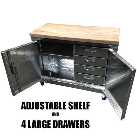 Garage & Shop Rolling Workbench Storage Cabinet - 4 Ft, (48"L x 39"H  x 22"D), Aluminum & Butcher Block