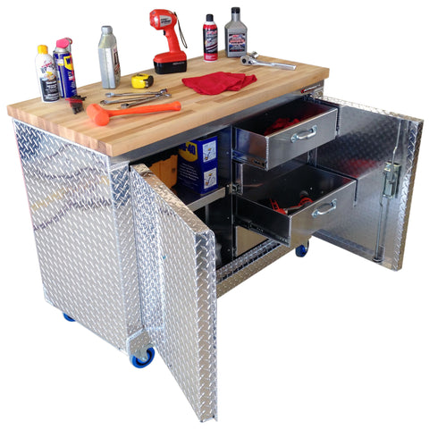 Garage & Shop Rolling Workbench Storage Cabinet - 4 Ft, (48"L x 39"H  x 22"D), Aluminum & Butcher Block