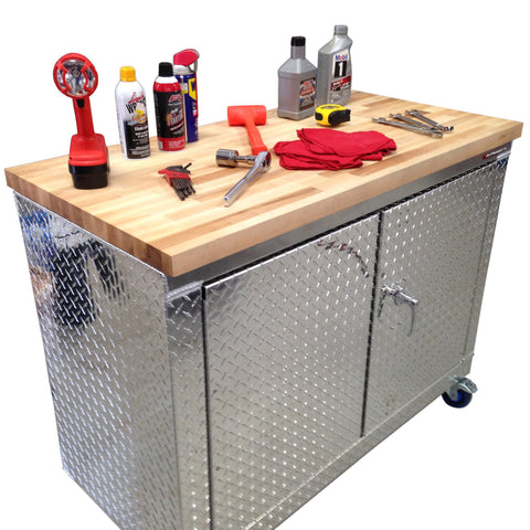 Garage & Shop Rolling Workbench Storage Cabinet - 4 Ft, (48"L x 39"H  x 22"D), Aluminum & Butcher Block