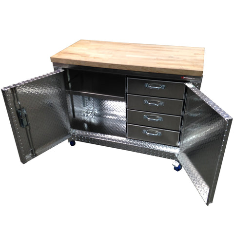 Garage & Shop Rolling Workbench Storage Cabinet - 4 Ft, (48"L x 39"H  x 22"D), Aluminum & Butcher Block