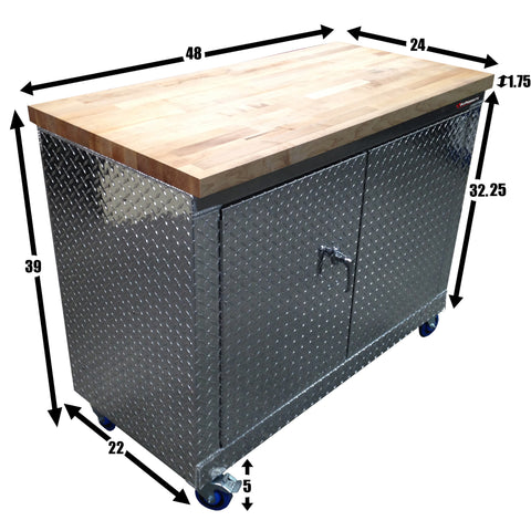 Garage & Shop Rolling Workbench Storage Cabinet - 4 Ft, (48"L x 39"H  x 22"D), Aluminum & Butcher Block